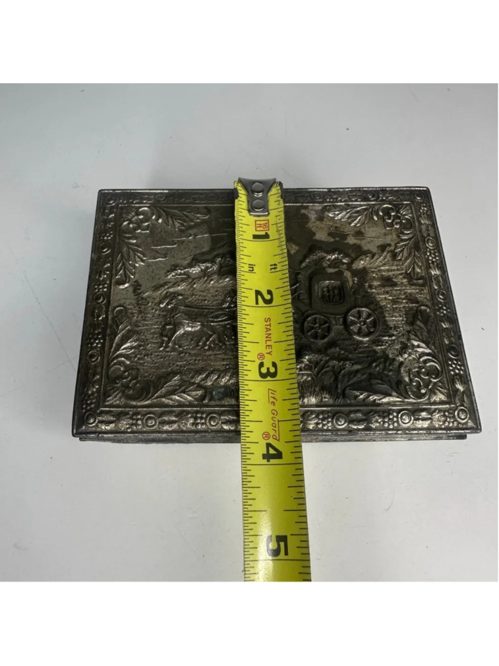 Vintage Embossed Metal & Wood Horse & Carriage Trinket / Cigarette Box (Japan)